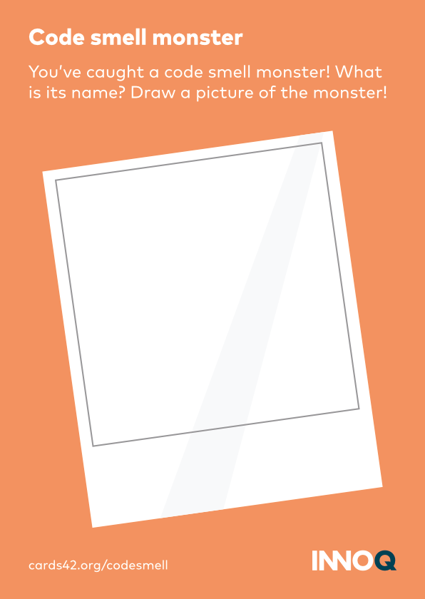 A card with an empty instant picture in the middle. The text above tells the reader to think about a code smell and to draw that one into the empty picture.